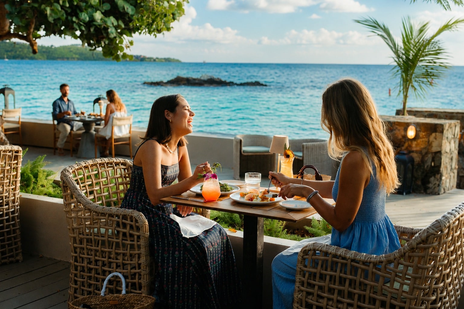Two guests dining outdoors overlooking the turquoise Caribbean waters at Lovango Resort & Beach Club
