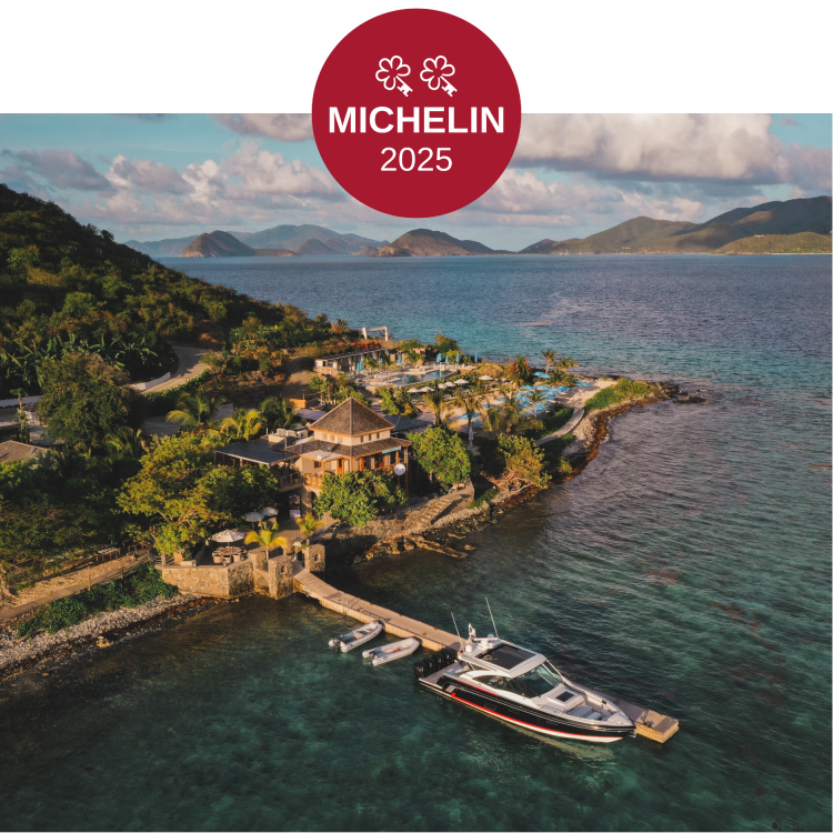 Two MICHELIN Keys 2025: Aerial view of Lovango Resort & Beach Club and marina