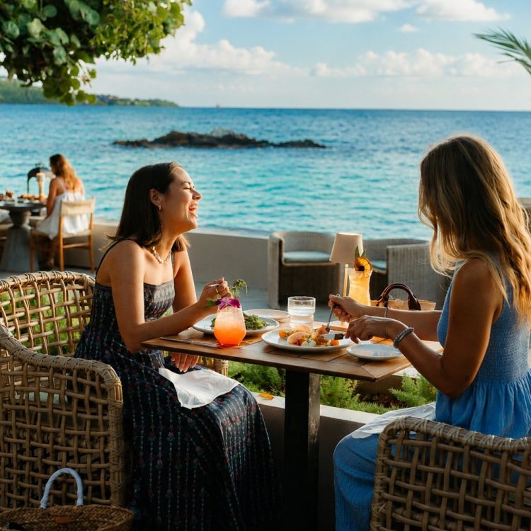 Two guests dining outdoors overlooking the turquoise Caribbean waters at Lovango Resort & Beach Club