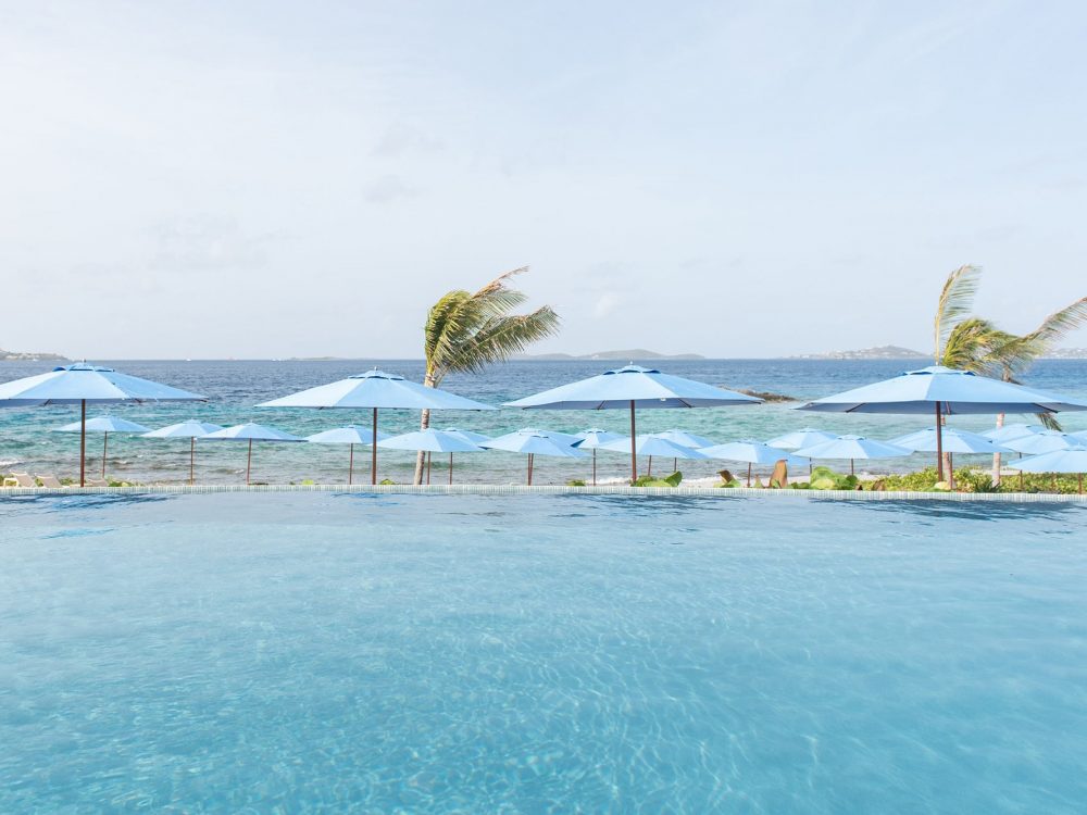 Lovango Bay Umbrellas Palm Trees in Virgin Islands Destination