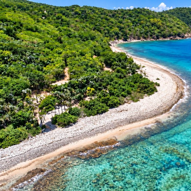 Aerial view of a lush tropical coastline with a crescent-shaped beach and clear turquoise water